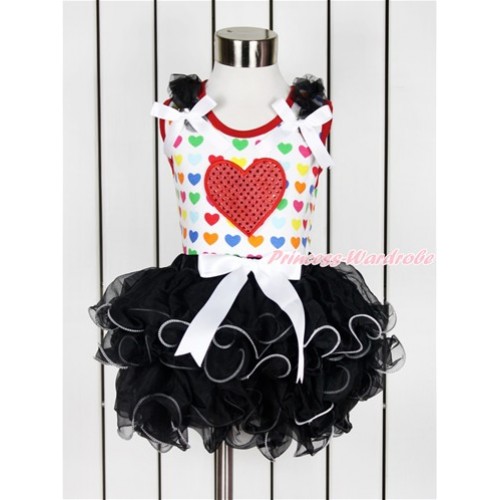 Valentine's Day Rainbow Heart Baby Pettitop with Black Ruffles & White Bow & Sparkle Red Heart Print with White Bow Black Petal Baby Pettiskirt NG1391 